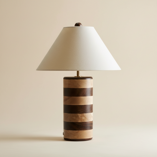 STRIPED WOOD CYLINDER TABLE LAMP