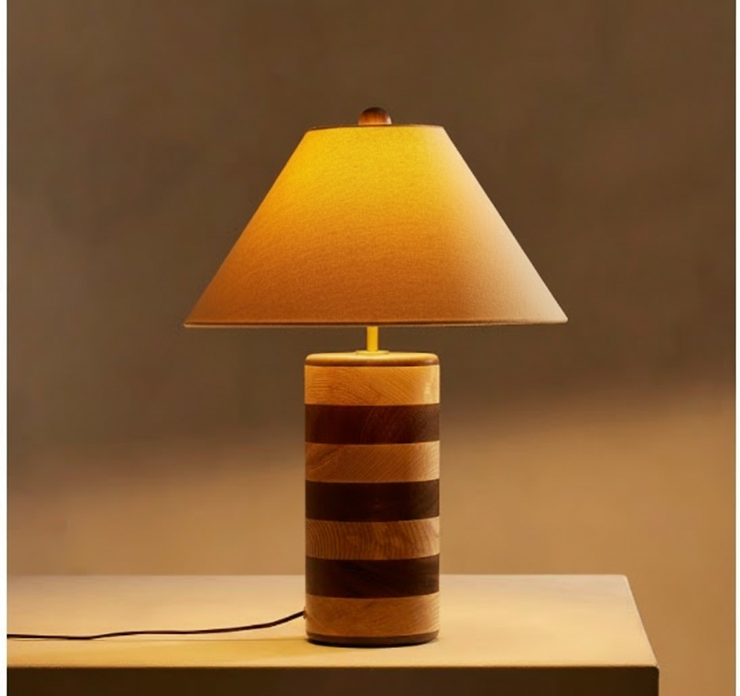 STRIPED WOOD CYLINDER TABLE LAMP